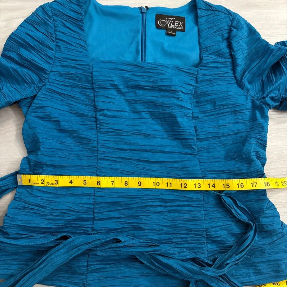 Alex Evenings Top Womens Teal Blue Textured Tie Waist Square Neck Blouse Top L - Picture 7 of 14